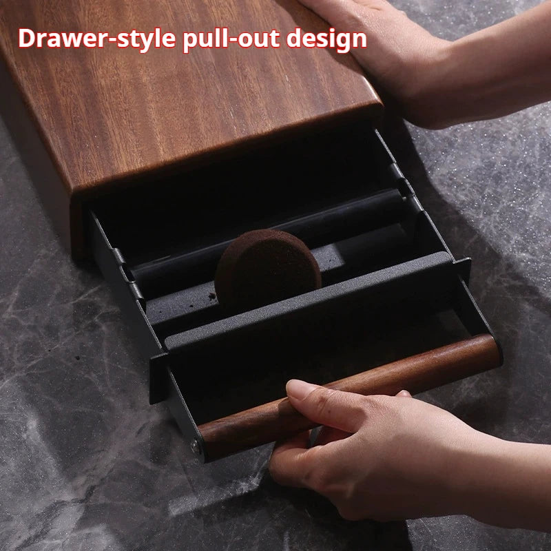 Espresso Knock Box Drawer Walnut Coffee Grounds Bin Stainless Steel - Black