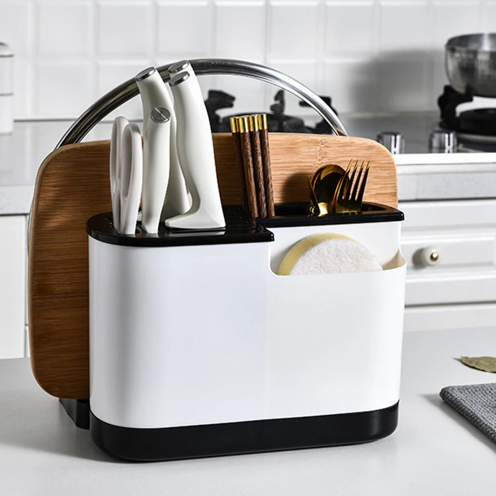 Kitchen Knife Block Organizer Countertop Utensil Holder with Drain Tray – Grey