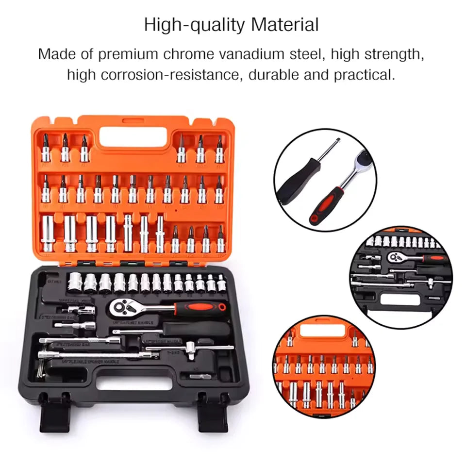 Socket Wrench Set 53 Piece Multi Function Heavy Duty Ratchet & Sleeve Repair Tool Kit with Storage Box