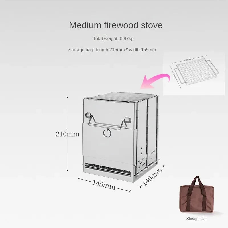 Camping Wood Stove Foldable Stainless Steel Portable Outdoor Cooker - Medium