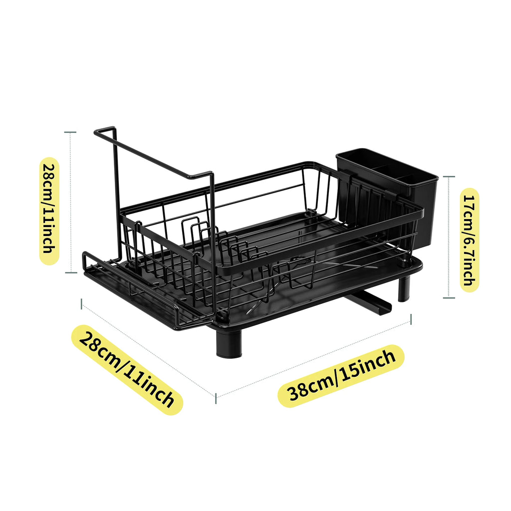 Dish Drying Rack Stainless Steel Style Iron Kitchen Drainer with Drain Tray - Black