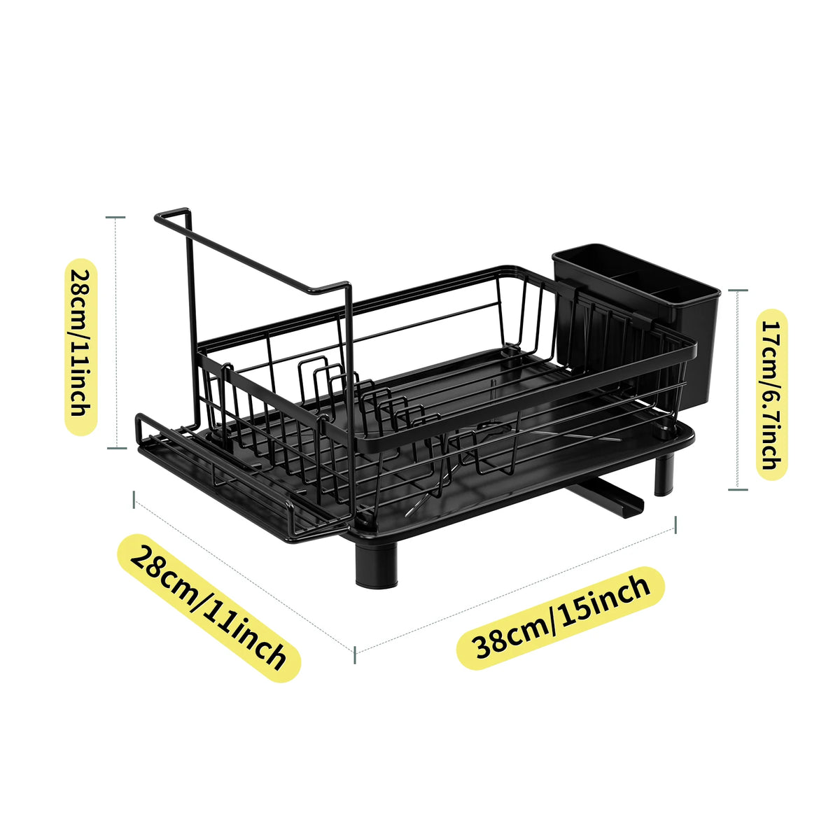 Dish Drying Rack Stainless Steel Style Iron Kitchen Drainer with Drain Tray - Black