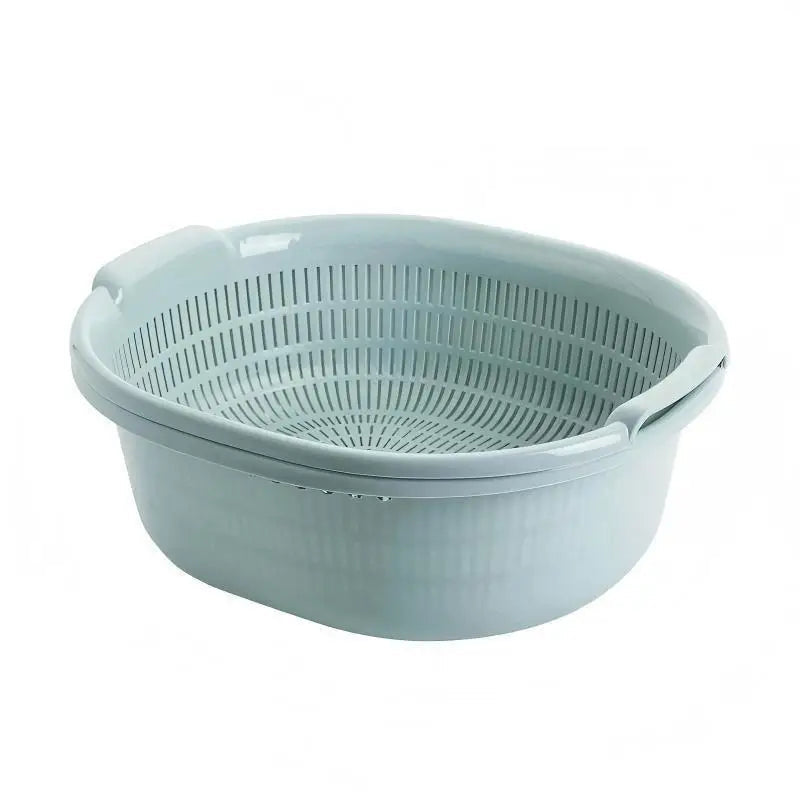 Double Layer Plastic Colander Set Thick Drain Basket Vegetable Fruit Washing Bowl - Blue