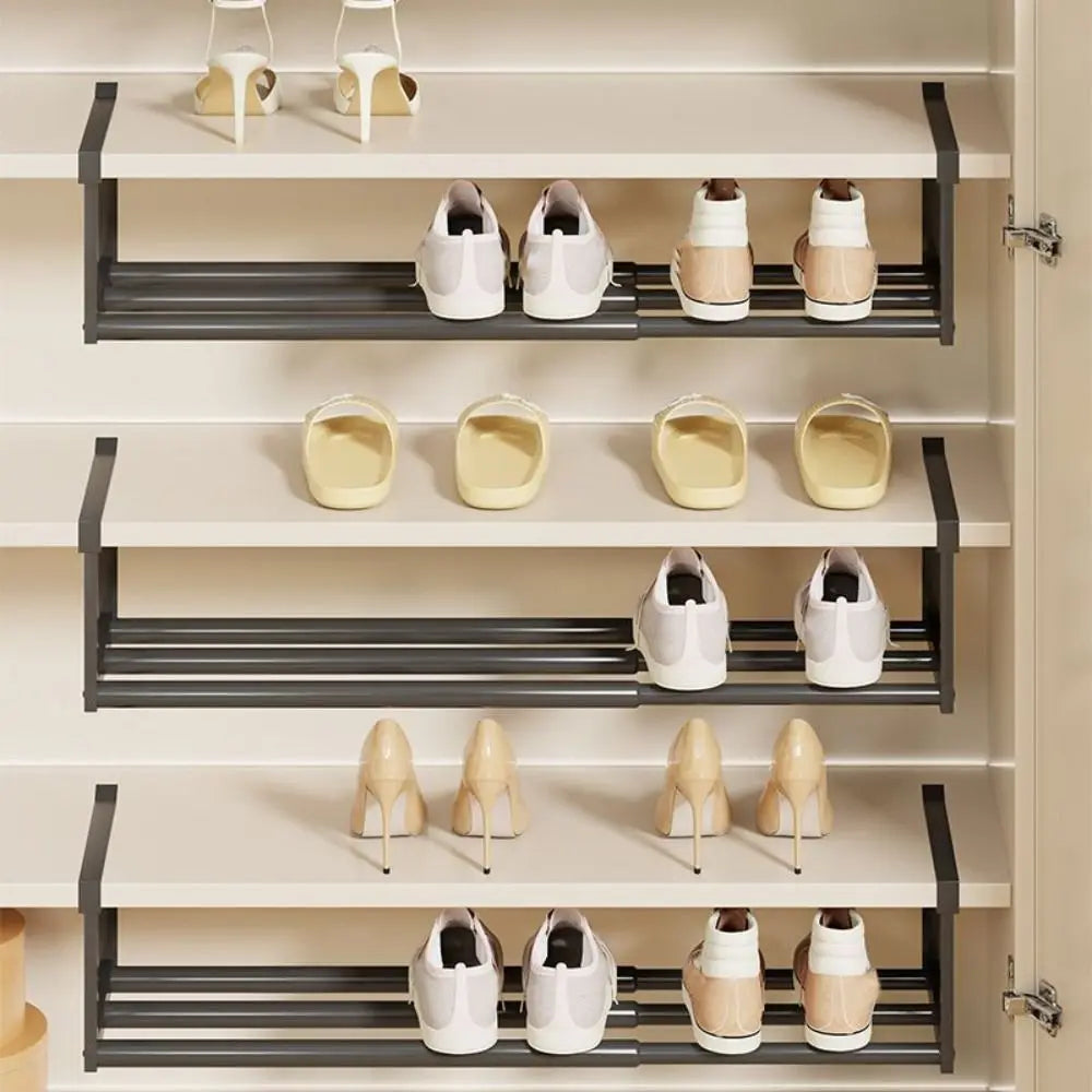 Expandable Under Shelf Shoe Rack Adjustable Hanging Shoe Organizer for Cabinet Closet and Entryway – White