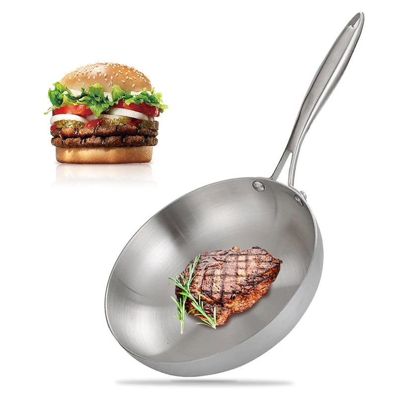 Frying Pan 30cm Stainless Steel Flat Bottom Uncoated Cookware Anti-Scald Handle