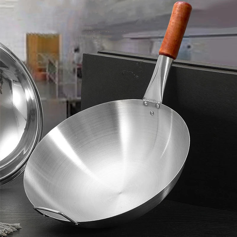 Wok 32cm Stainless Steel Round Bottom Chef Cooking Pan Beech Handle – Silver