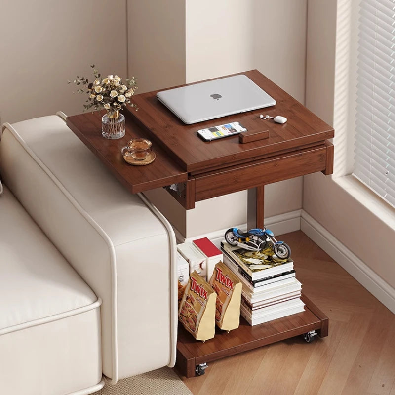 Mobile Side Table Adjustable Laptop Desk Bamboo Sofa End Table with Storage Shelf – Walnut