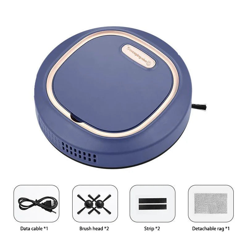 Robot Vacuum Cleaner 1200Pa USB Rechargeable Wet and Dry Floor Sweeper 90Min Runtime - Blue