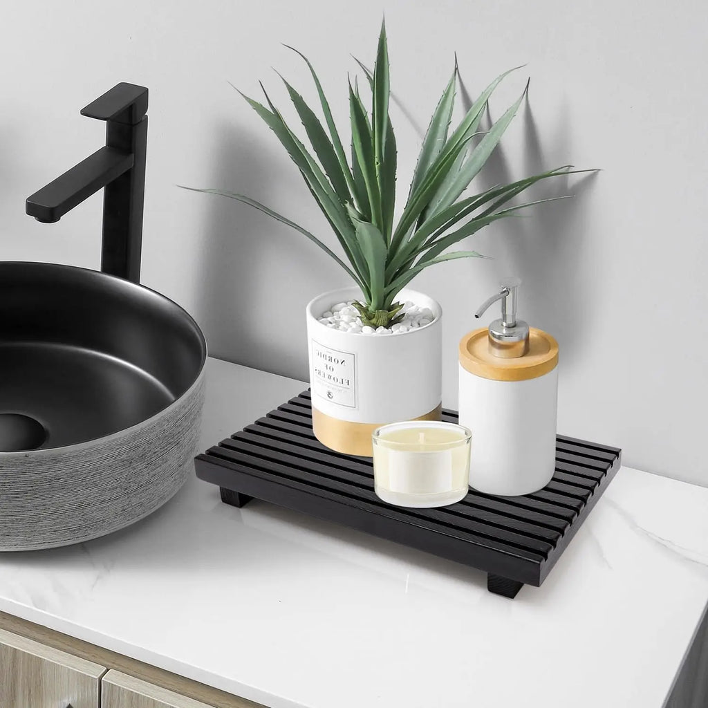 Wooden Bathroom Counter Organizer Display Riser Kitchen Countertop Tray Soap Dispenser Stand – White