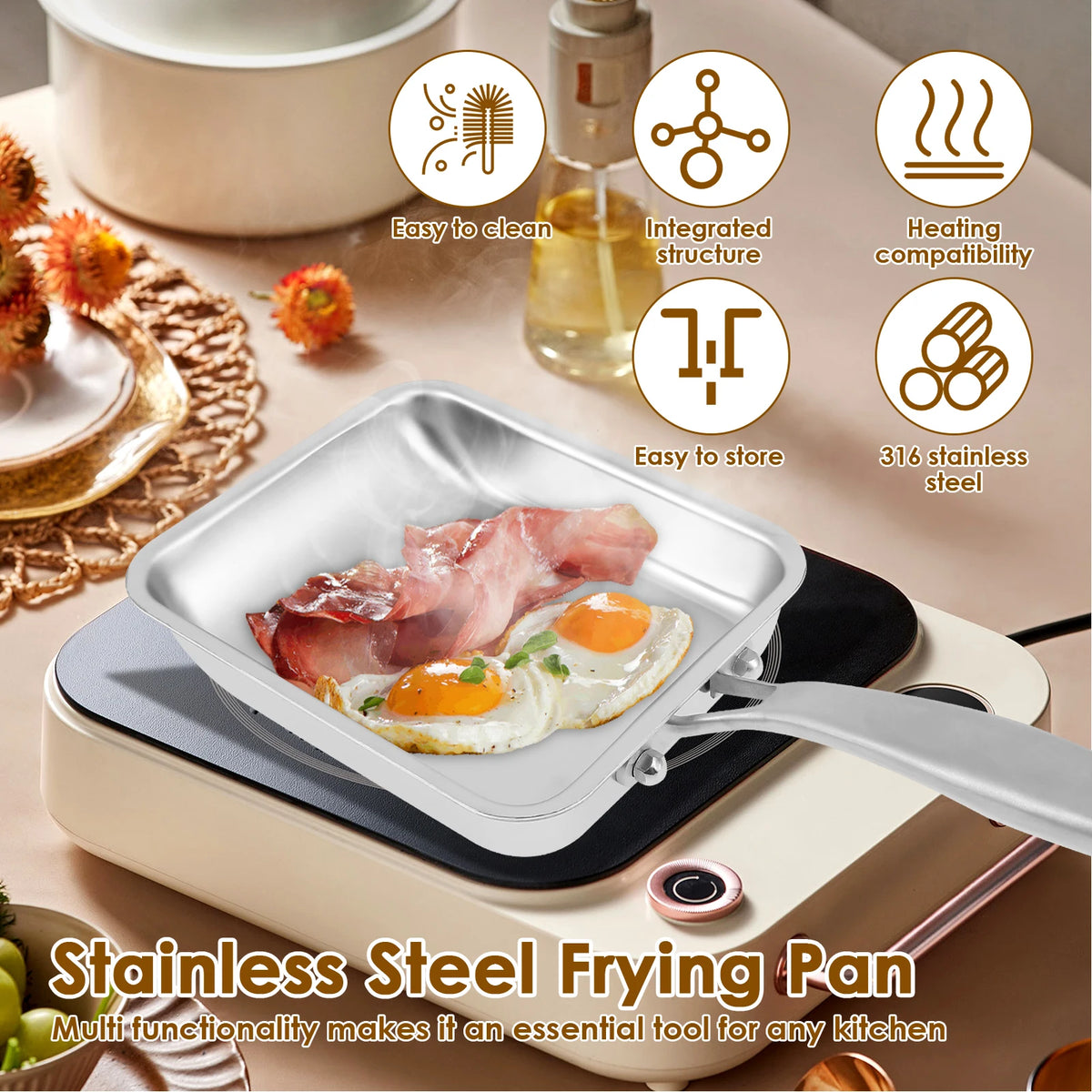 Tamagoyaki Pan 19 × 16 × 4 cm Stainless Steel Rectangle Omelette Pan with 17.5 cm Handle