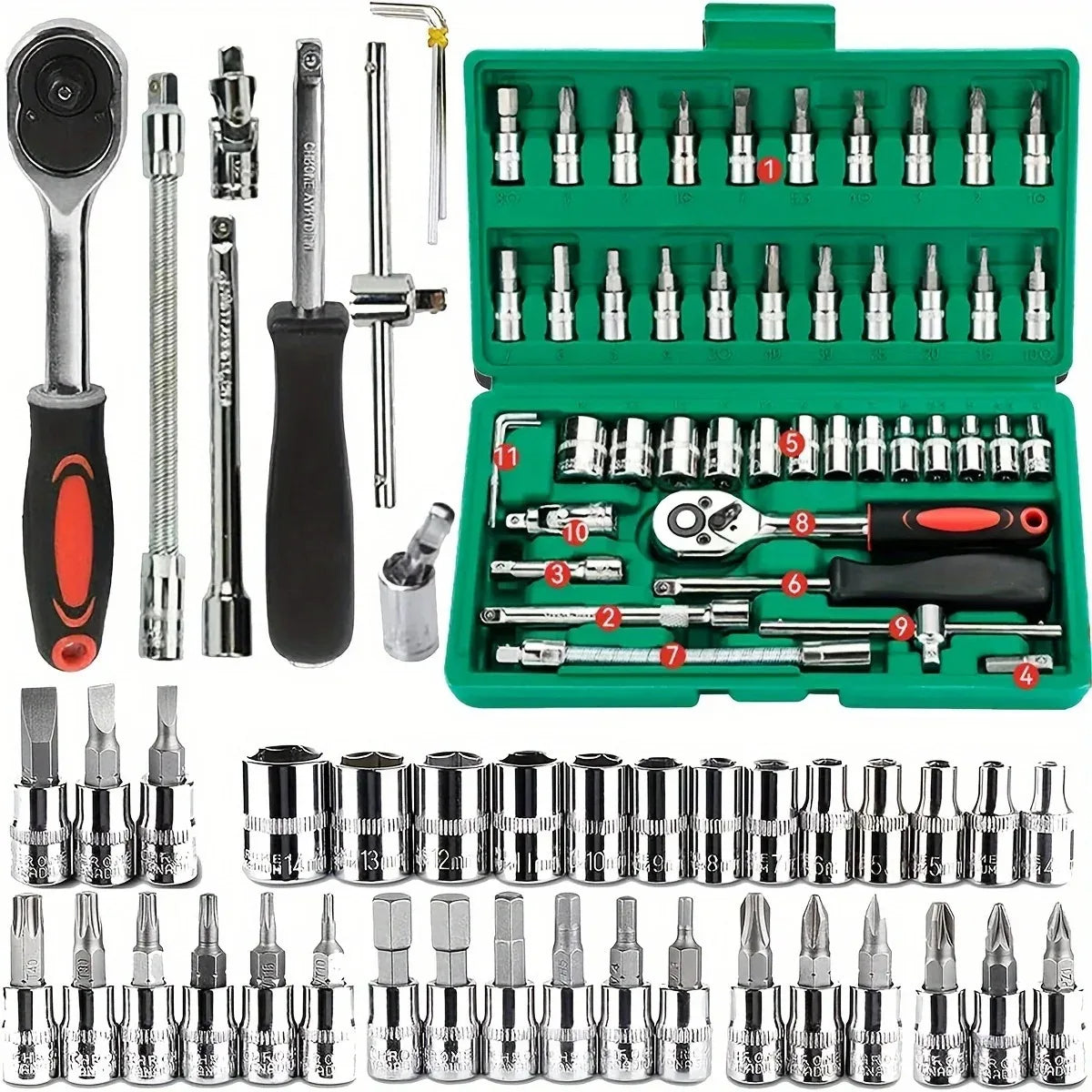 Socket Wrench Set Portable 46 Piece 1/4 Inch Ratchet Multi Function Metric Repair Tool Kit with Case
