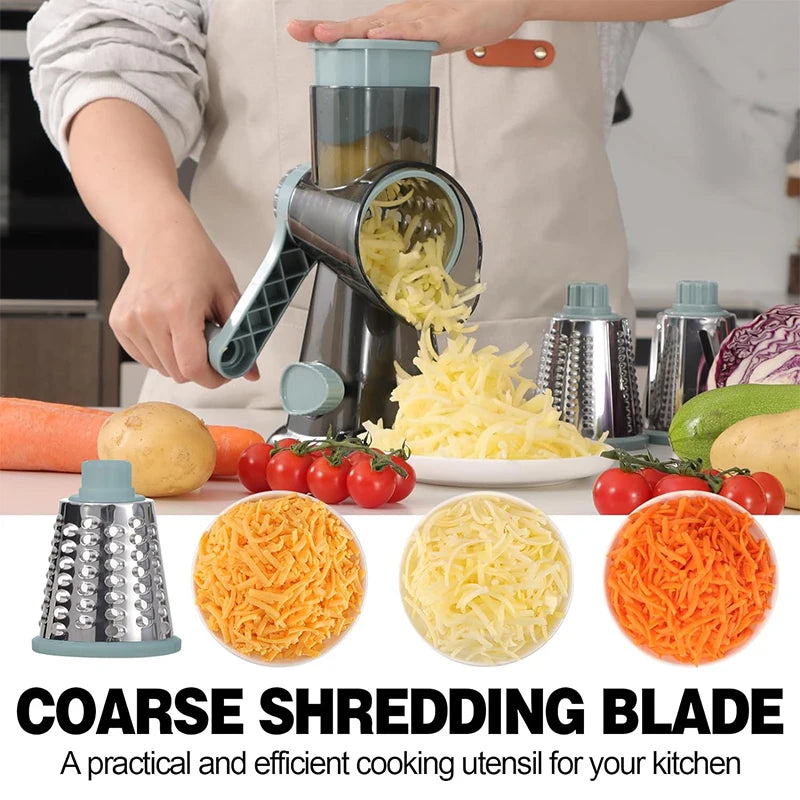 3-in-1 Rotary Cheese Grater with Manual Handle and Interchangeable Drums – Blue