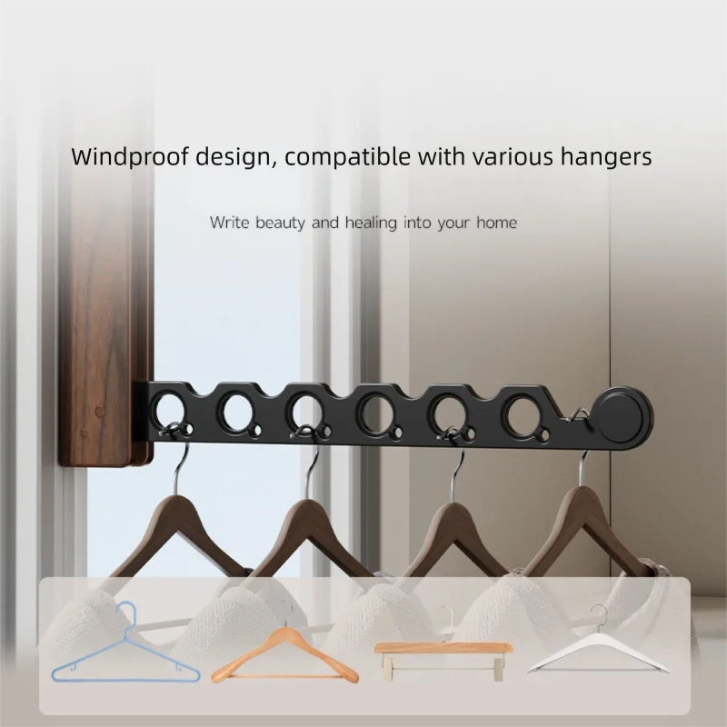 Retractable Wall Mounted Clothes Hanger Foldable Walnut Coat Rack Space Saving Laundry Drying Rack – Walnut