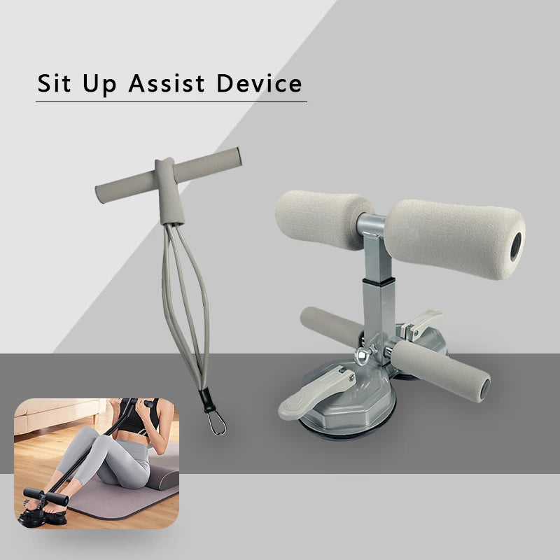 Sit-Up Assistant Bar with Resistance Band Portable Adjustable Dual Suction Core Trainer - Gray