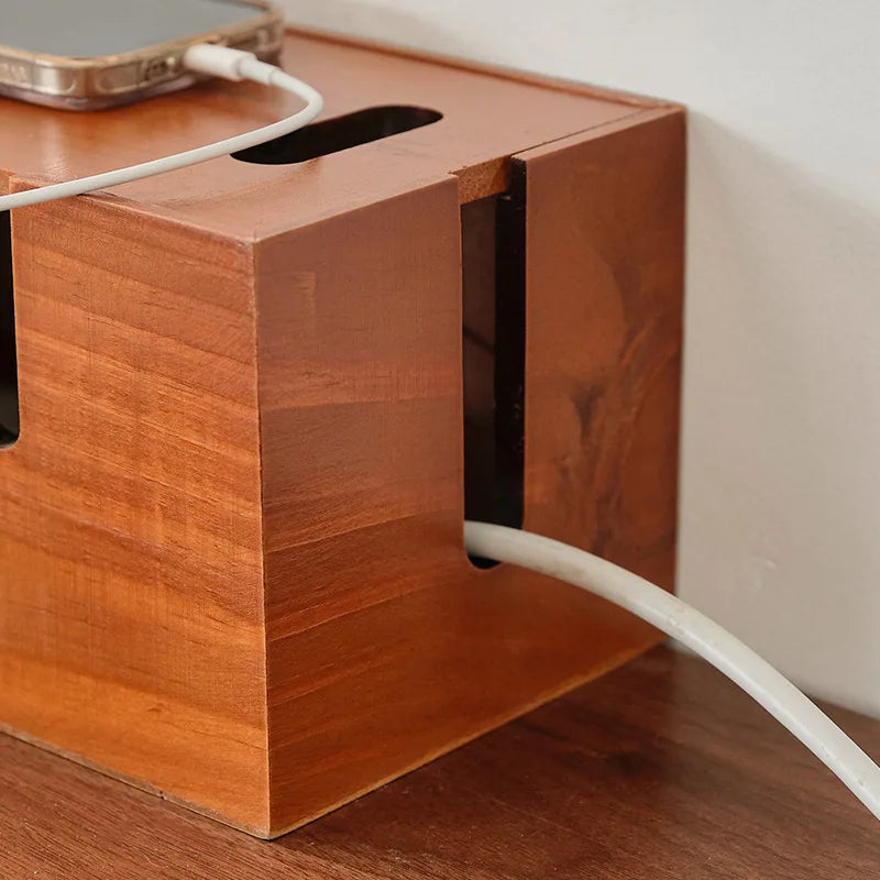 Cable Storage Box 30.5 cm Wooden Desktop Organiser with Lid for Power Cords and Charging Accessories