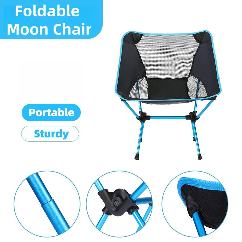 Camping Folding Chair Portable Moon Chair Ultralight Aluminum Outdoor Seat Backrest - Blue