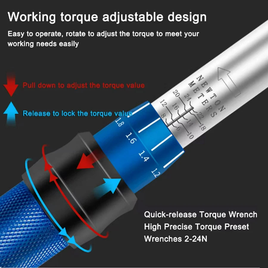 Torque Wrench Portable Adjustable 1/4 Inch Ratchet Torque Tool 2-24Nm Precision Multi Function Repair Kit