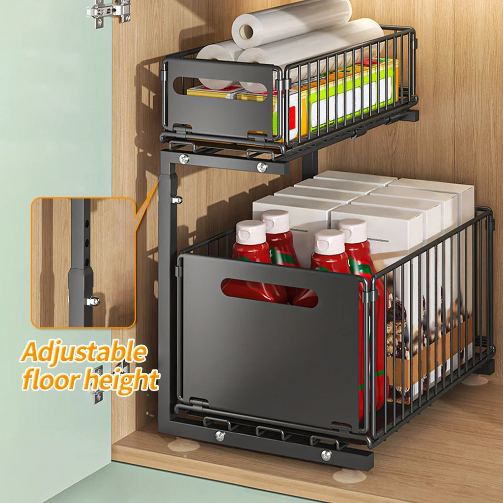 Portable Heavy Duty 2 Tier Under Sink Storage Organizer Adjustable Pull Out Cabinet Rack with Suction Base