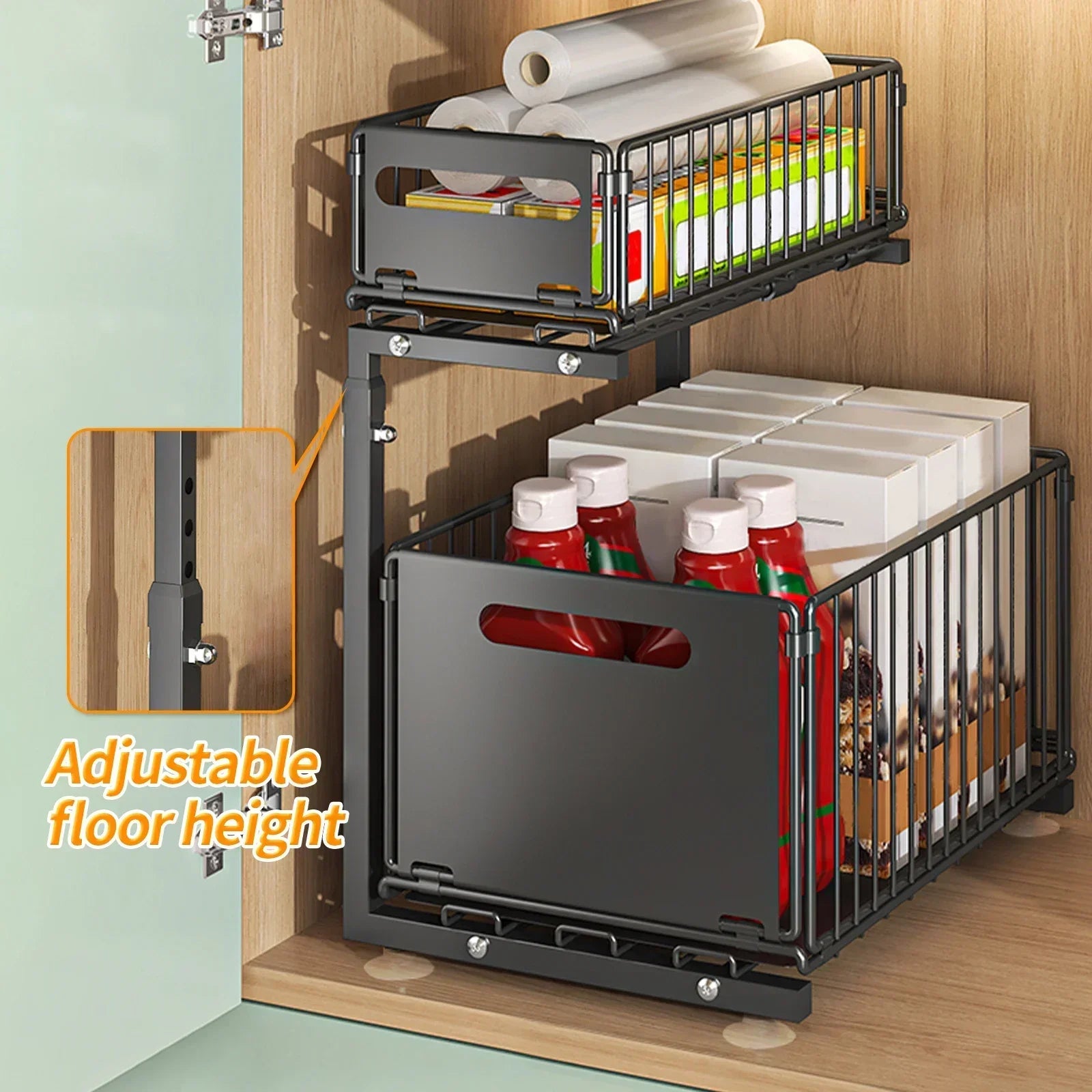 Portable Heavy Duty 2 Tier Under Sink Storage Organizer Adjustable Pull Out Cabinet Rack with Suction Base