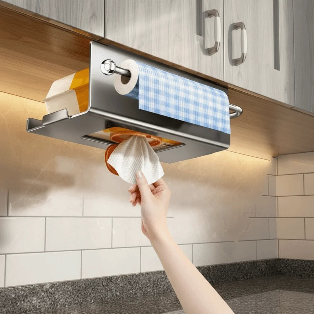 Carbon Steel Under Cabinet Paper Towel Holder Wall Mounted Hanging Kitchen Roll Rack Rustproof Waterproof – Beige