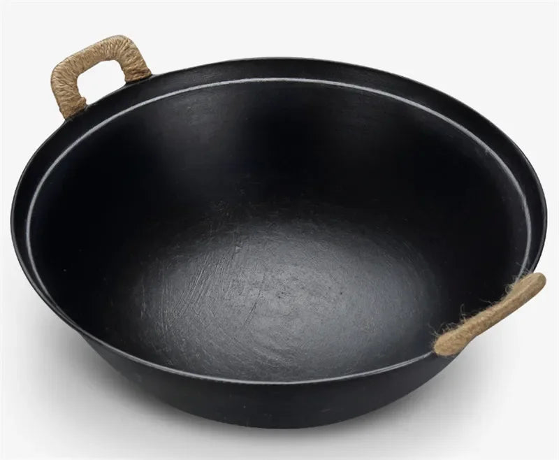 Cast Iron Wok Pot 40cm Round Bottom Non Coated Cooking Pot with Lid