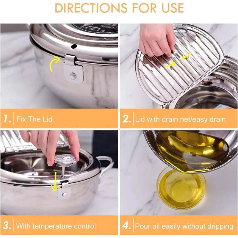 Deep Fryer 29 cm Stainless Steel Pot with Thermometer and Oil Draining Rack - Small