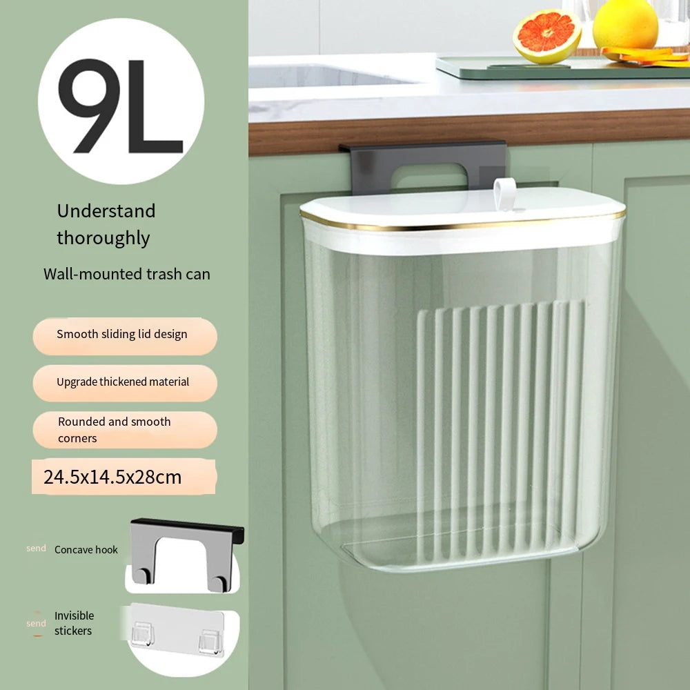 Wall Mounted Kitchen Trash Can 9L Hanging Garbage Bin with Slide Lid – White