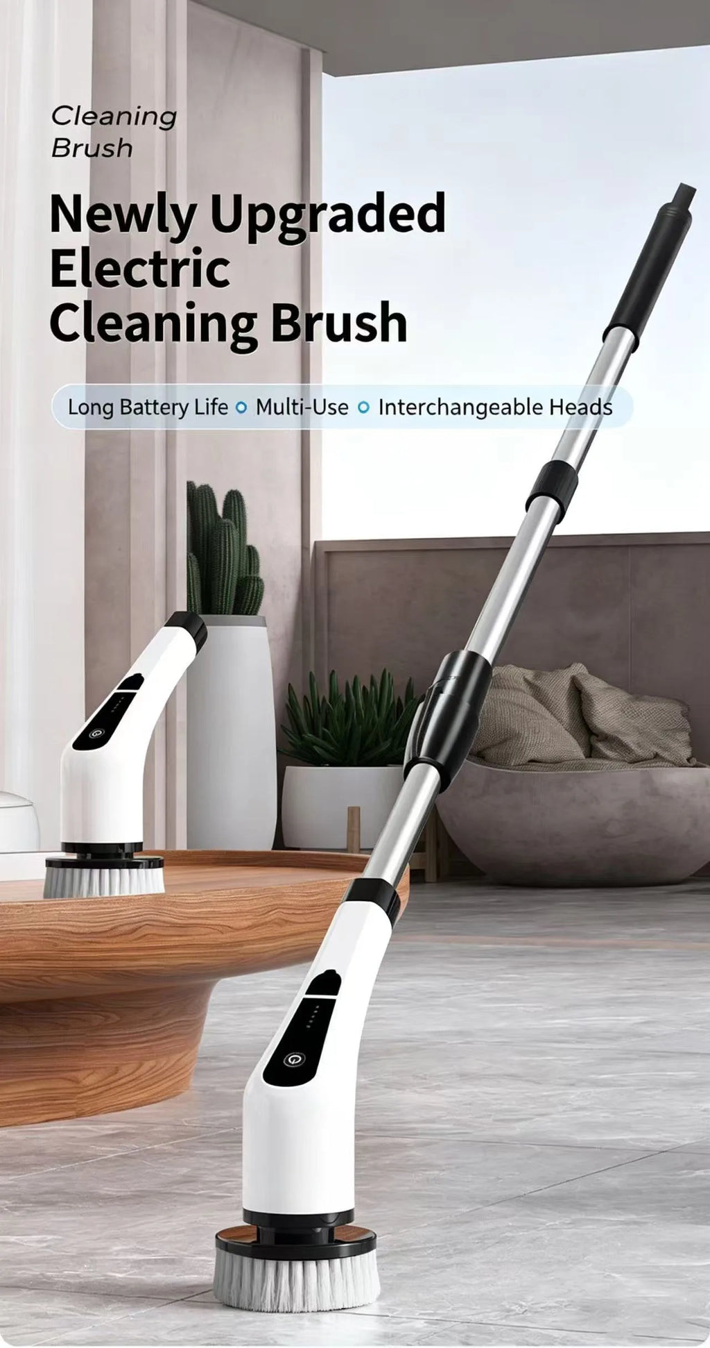 Electric Cleaning Brush Wireless Rotary Scrubber with 8 Replaceable Heads White