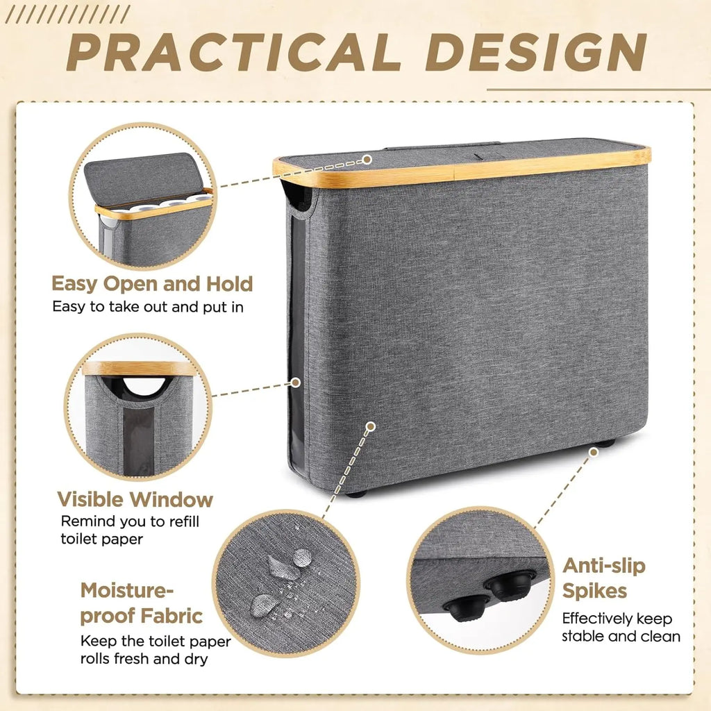 Toilet Paper Storage Basket Foldable Bamboo Frame Bathroom Organiser Bin with Lid - Black
