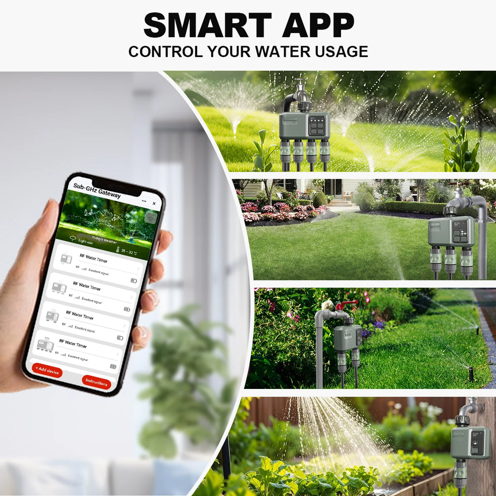 Smart WiFi RF433 Garden Sprinkler Water Timer 4 Outlet Programmable Automatic Irrigation Controller with Rain Delay