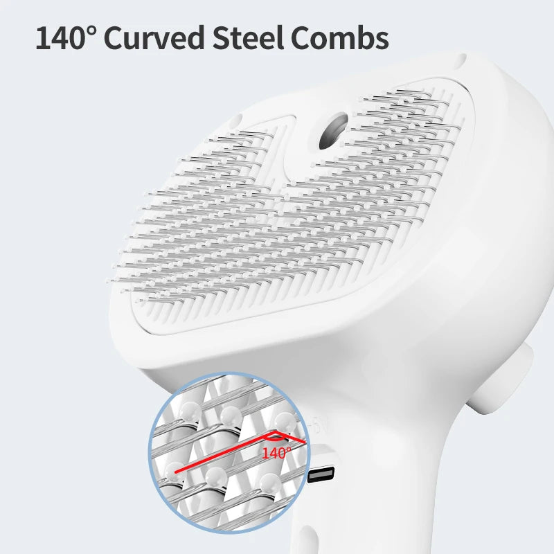 Pet Grooming Comb 28mL Rechargeable Steam Spray Brush 80 Minute Runtime Fur Care Tool