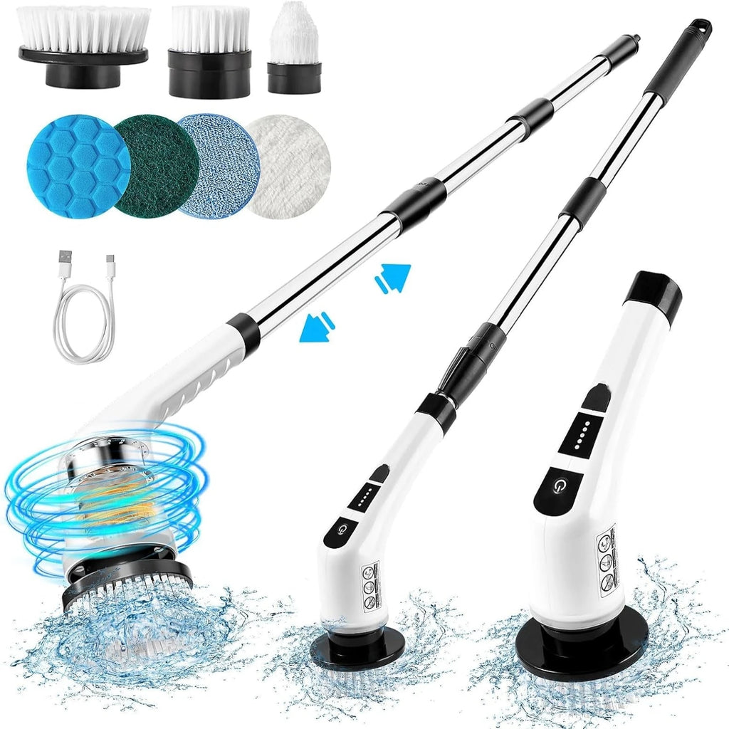 Electric Cleaning Brush Rotary Scrubber with 7 Heads Adjustable Handle Wet Dry White