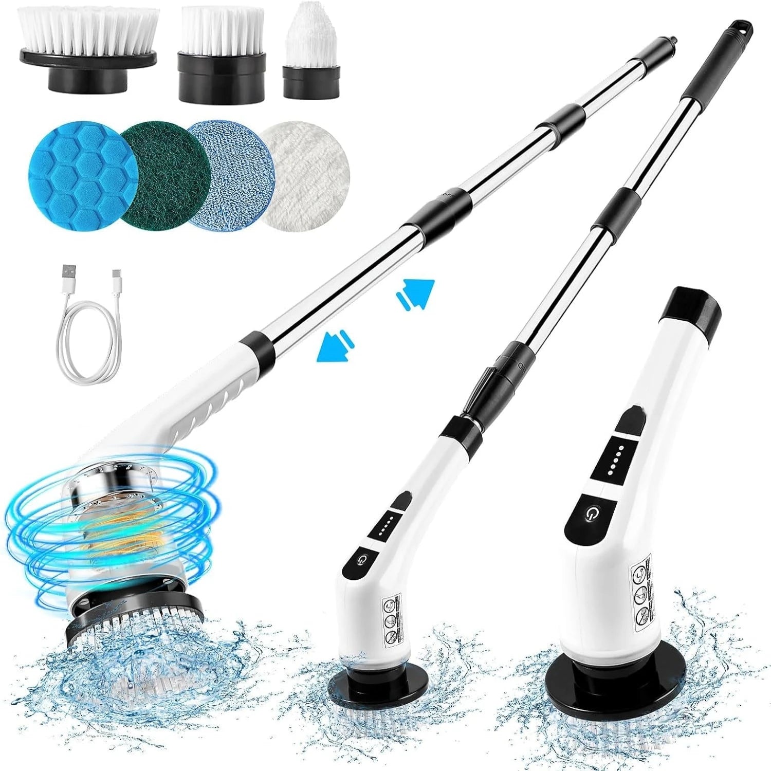 Electric Cleaning Brush Rotary Scrubber with 7 Heads Adjustable Handle Wet Dry White