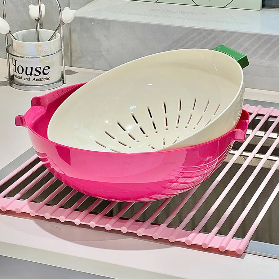 Double-Layer Draining Basket Fruit and Vegetable Wash & Storage Basket – Red