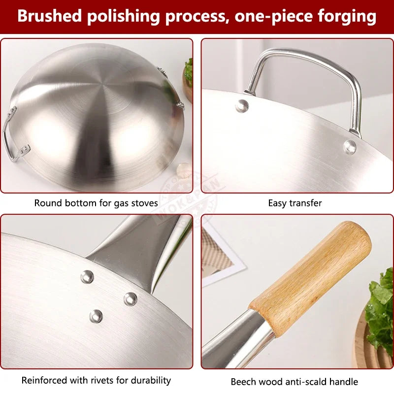 Wok 32cm Stainless Steel Round Bottom Chef Cooking Pan Beech Handle – Silver