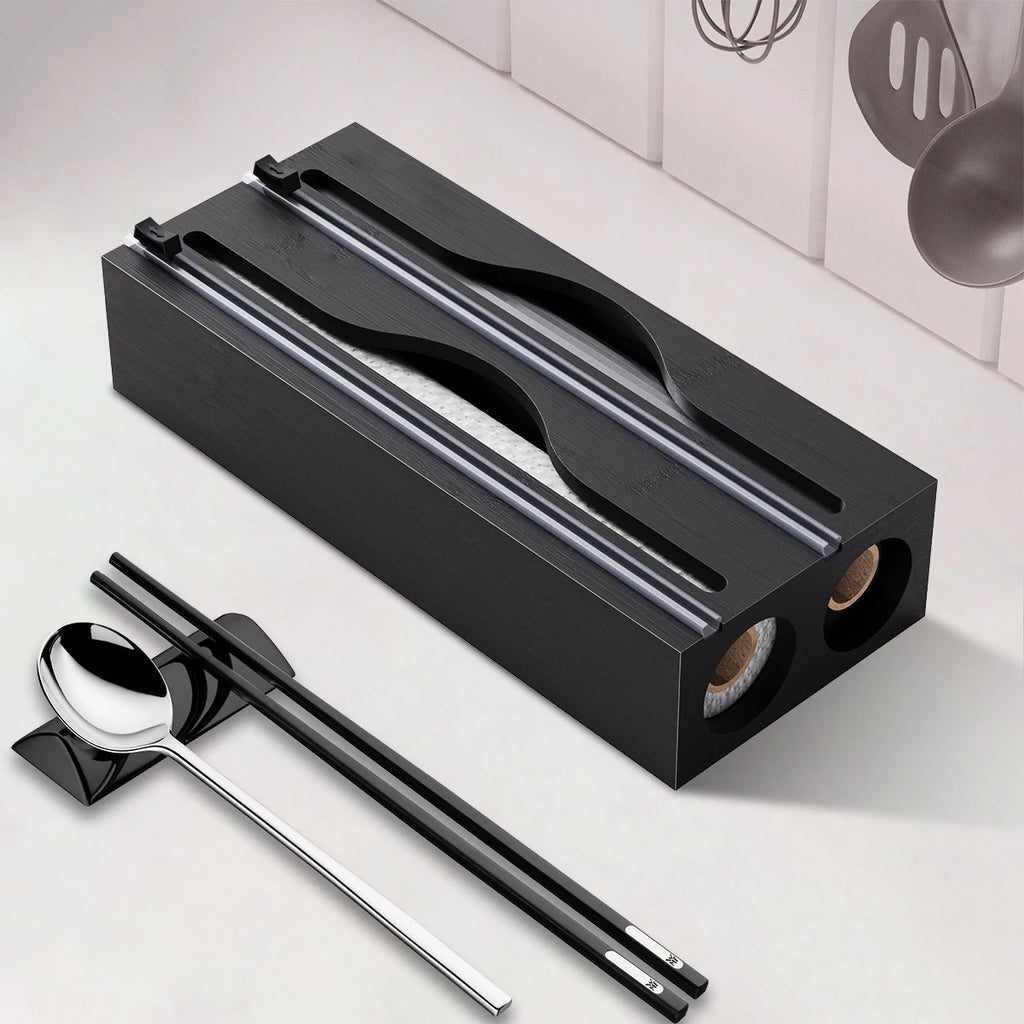 Kitchen Bag Organiser 2 Layer Bamboo Cling Film Foil Storage Dispenser with Cutter - White