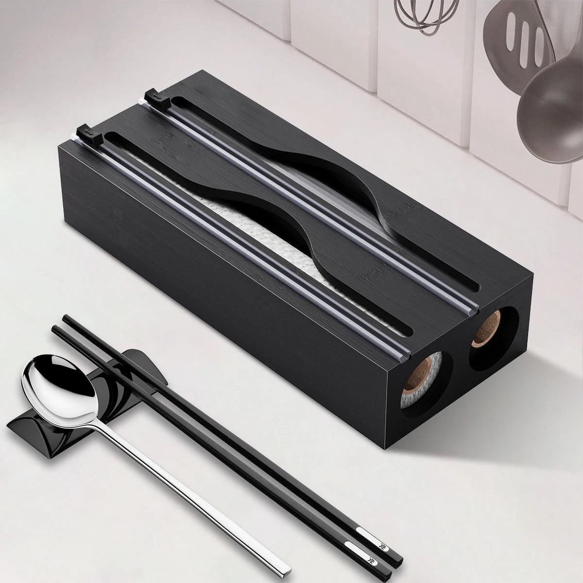 Kitchen Bag Organiser 2 Layer Bamboo Cling Film Foil Storage Dispenser with Cutter - White
