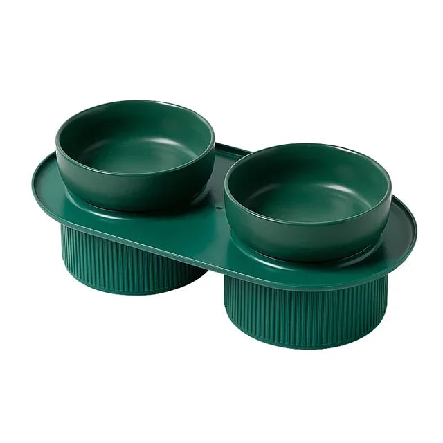 Ceramic Elevated Double Pet Feeding Bowl 13.3cm Raised Food Water Dish with Stand - White