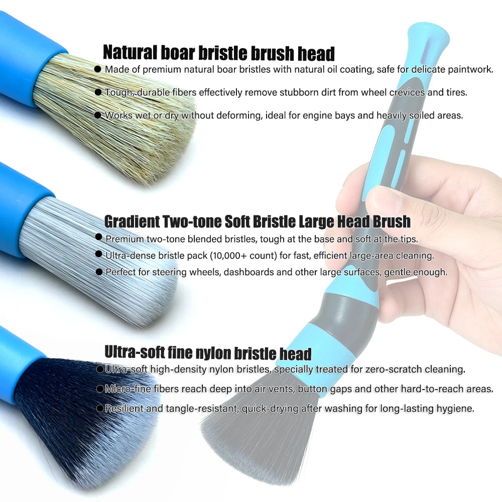 Car Detailing Brush Set 3 Piece Interchangeable Bristle Cleaning Kit Angled Handle Dashboard Care