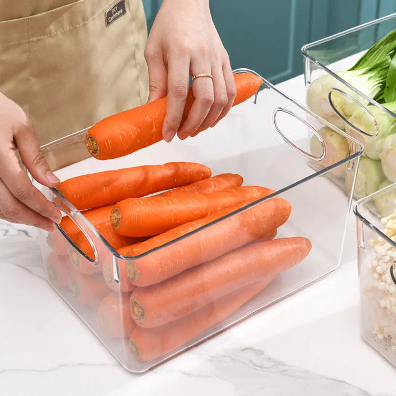 Medium Refrigerator Storage Bin Transparent Stackable Food Organizer Container with Carry Handles