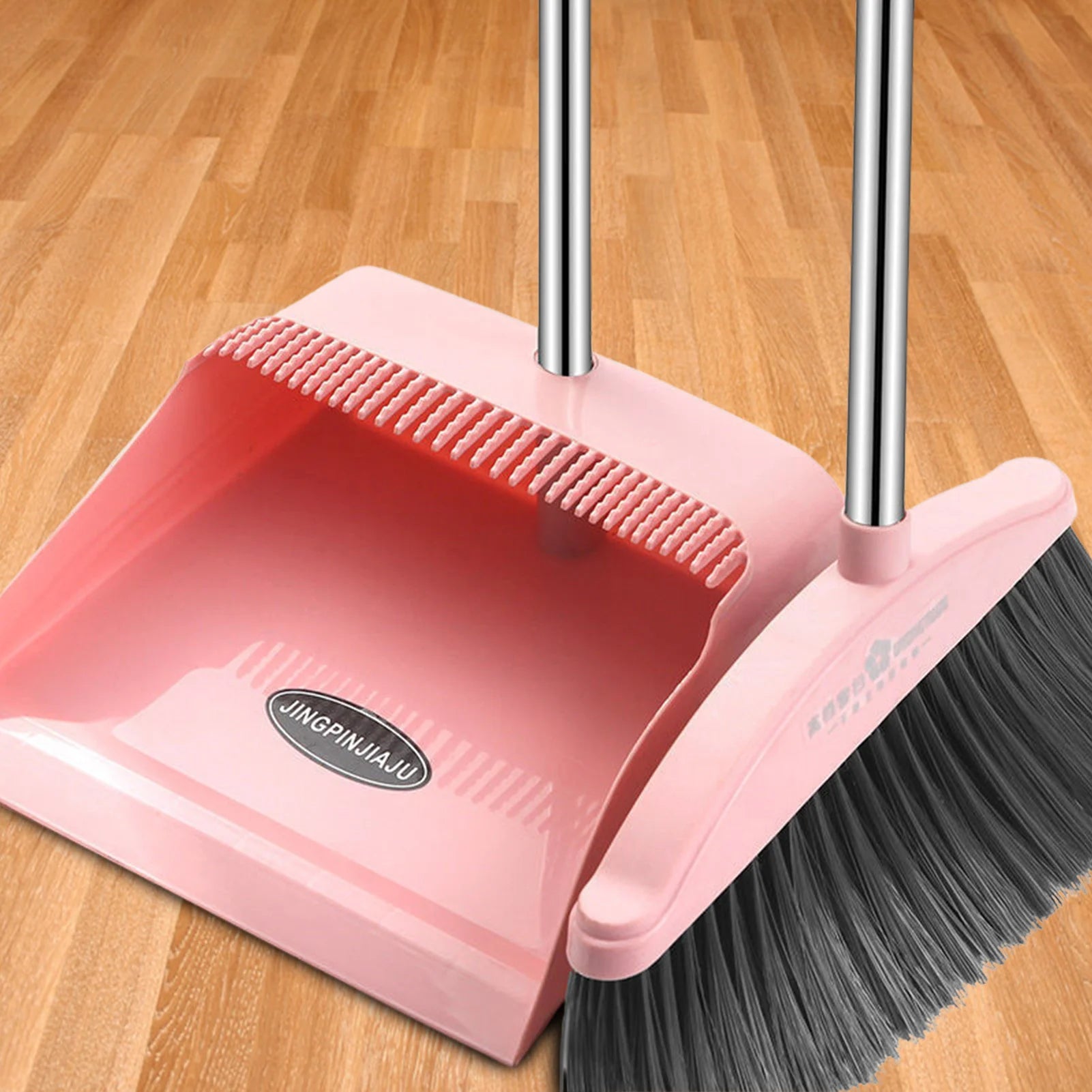 Broom and Dustpan Set Long Handle Folding Dustpan Stand-Up Storage Cleaning Tool Pink