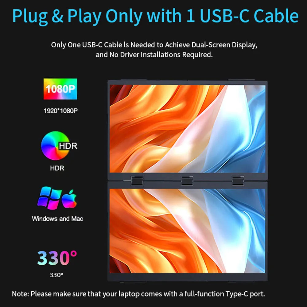 Dual Screen Monitor 18.5 Inch 1080P IPS Portable Laptop Screen Extender Non-Touch – Black