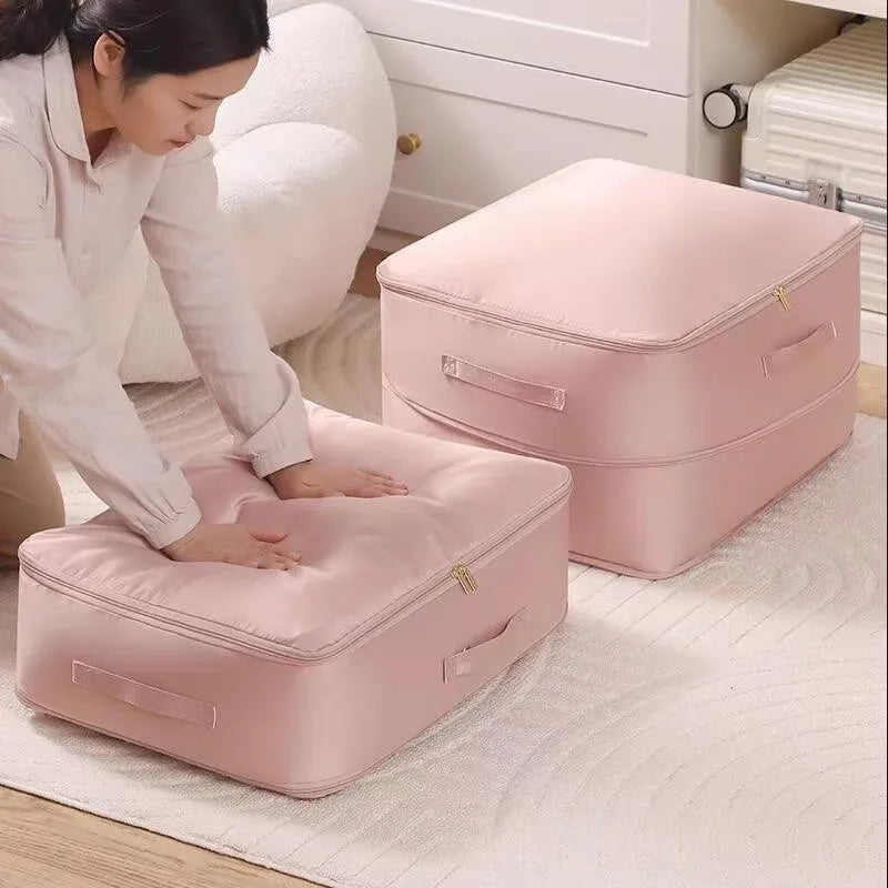 Storage Bag Heavy Duty Self Compressing Portable Clothes Blanket Quilt Organiser for Closet - Pink