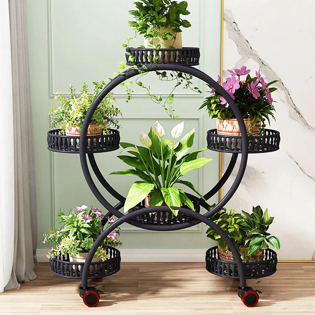 6 Pot Metal Plant Stand with Wheels 4 Tier Flower Display Rack Rolling Plant Shelf – Black