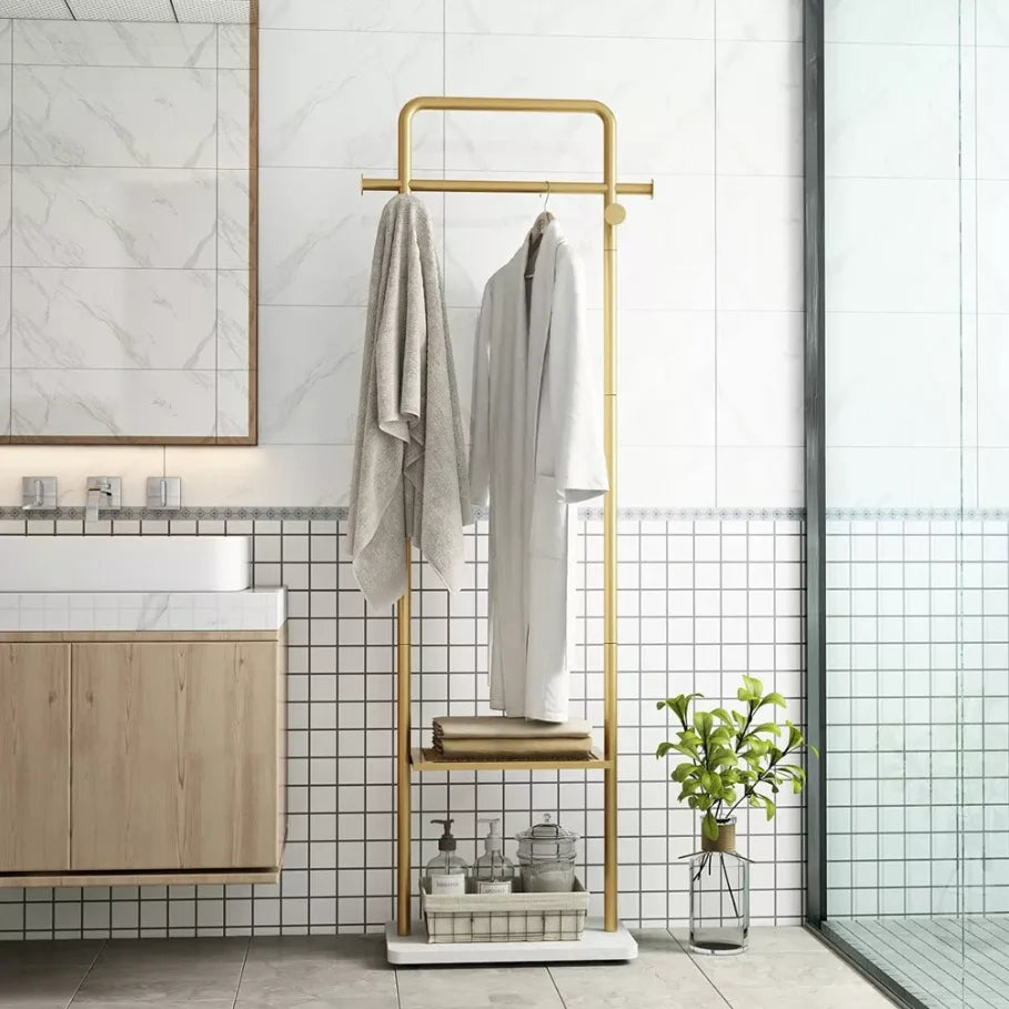 Coat Rack Stand 175cm Metal Corner Hall Tree with Marble Base 4 Hooks 2 Tier Shelf - Gold