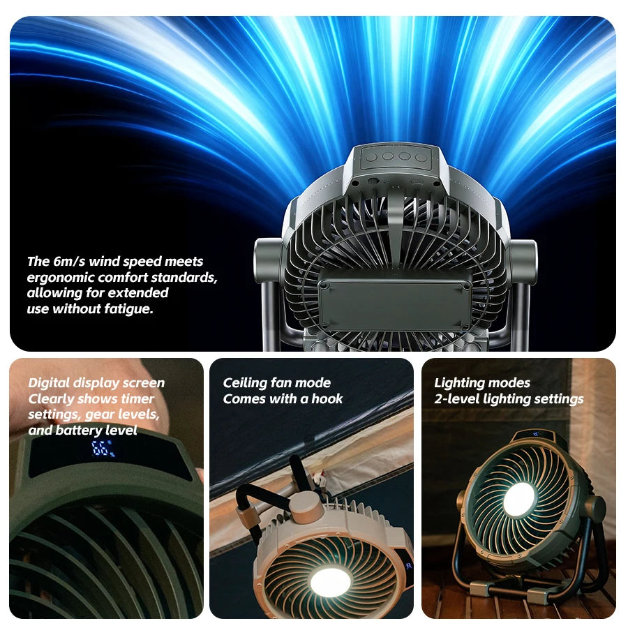 Camping Fan 10000mAh Rechargeable Portable Tent Air Circulator with LED Light – Green