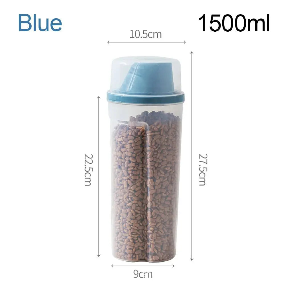 Pet Food Storage Container 1500mL with Measuring Cup Buckle Lid - Blue