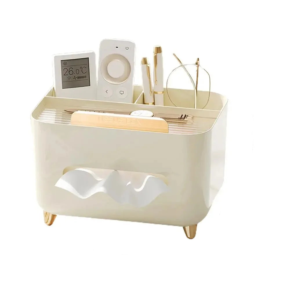 Tissue Box Holder with Storage Compartments and Remote Organiser ABS - Beige