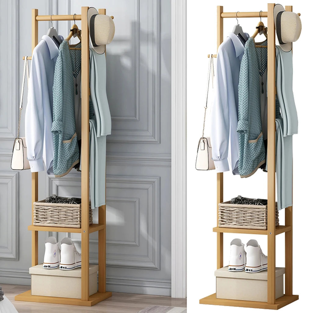 Bamboo Garment Rack with Shelves Freestanding Clothes Rail Coat Stand 155 cm
