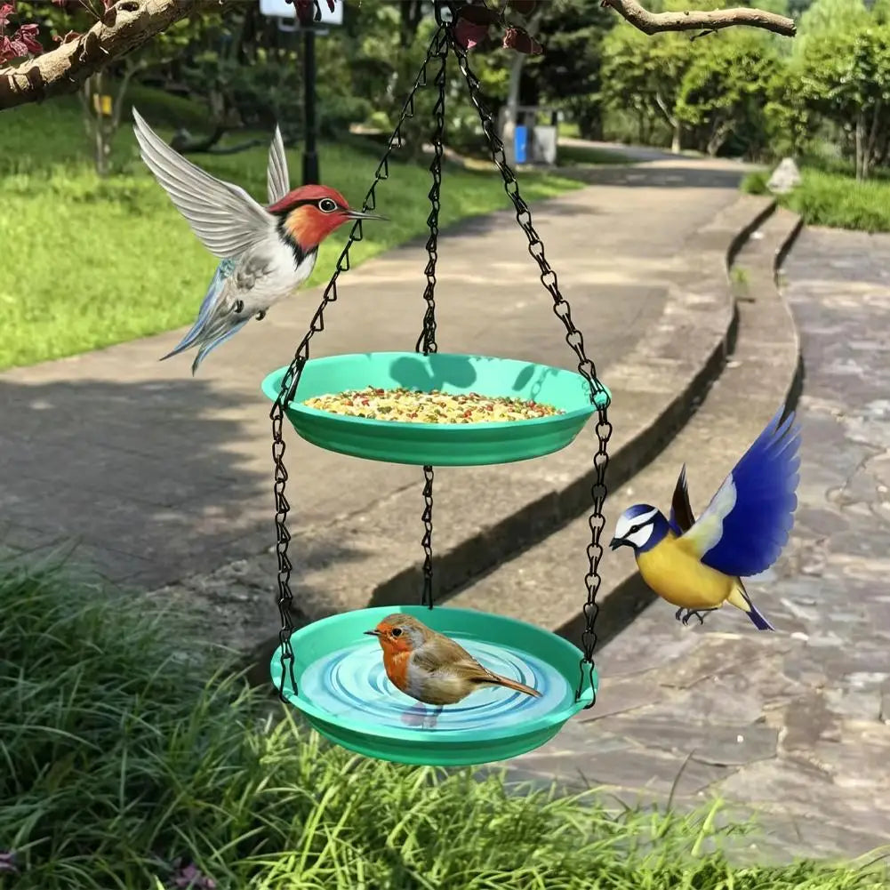 Outdoor Hanging Bird Bath and Double-Tier Bird Feeder Dish with Water Bowl and Chain – Green